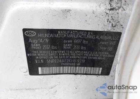 2019 Hyundai Sonata Se z USA, uszkodzony, nr VIN 5NPE24AF2KH819219